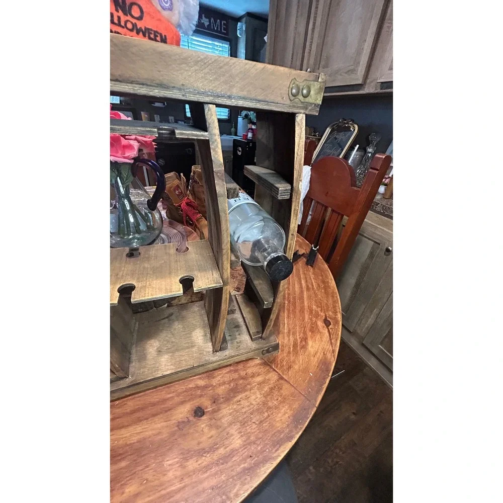 Rustic Wooden Wine Rack Barrel Design 8 Bottle Holder with Glassware Storage